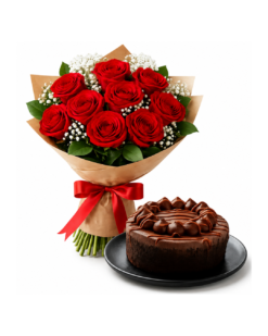Chocolate Fudge Cake & Red Roses Combo